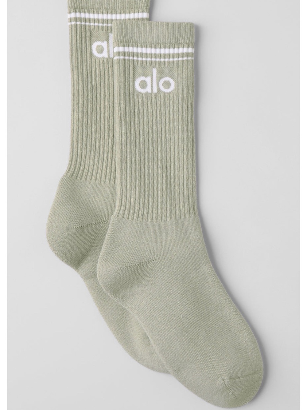 ALO Yoga Crew Socks in Sage Green with White Stripe